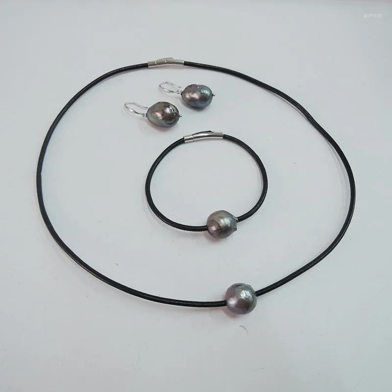 ネックレスイヤリングセットセット淡水真珠ジュエリーブレスレットイヤリング黒バロック925シルバーイヤリングとレザーロープ素敵な留め金