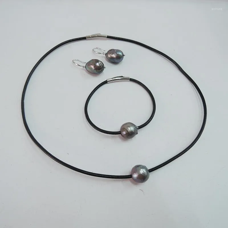 Collana Orecchini Set GIOIELLI DI PERLE D'ACQUA DOLCE BRACCIALETTO ORECCHINI-orecchino d'ARGENTO 925 Barocco nero E Corda in pelle Bella chiusura