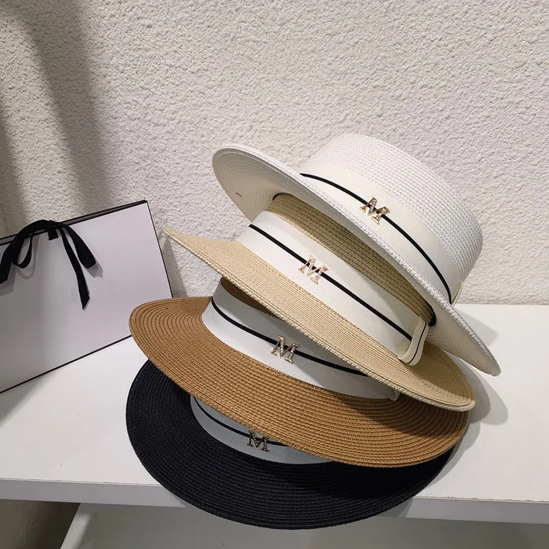 Brief Dame Strohhüte Weißes Band Breite Krempe Hüte mit Schlanker Schwarzer Linie Frauen Elegantes Temperament Sonnenhüte