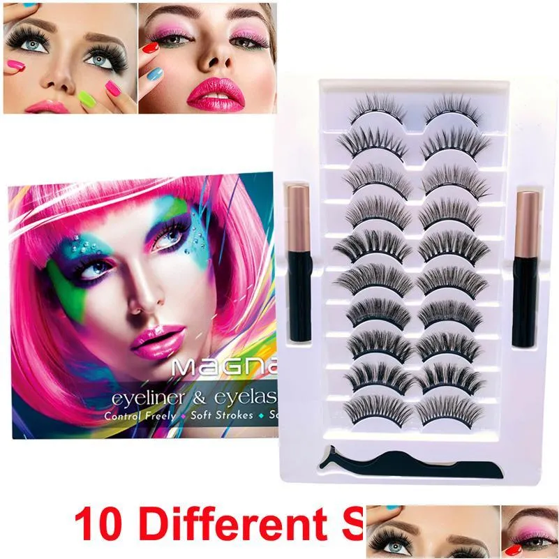 False Eyelashes Upgrade Magnetic With Eyeliner 10 Pairs 3D 5D Soft Eye Lashes 2 Tubes Liquid Makeup Glue Natural Look Reusable Lash Dh1Fv