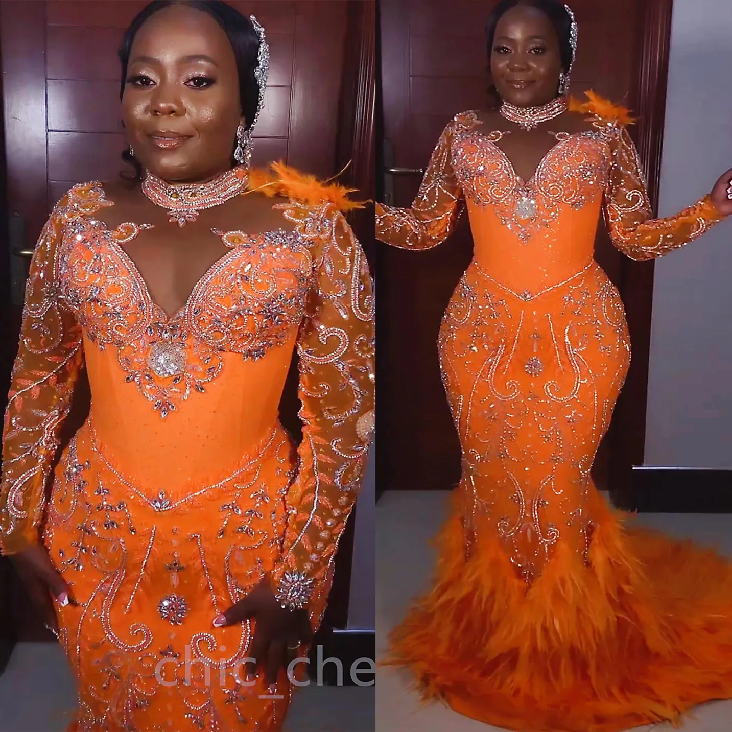 Orange Mermaid Prom Dress with Split Long Beads and Ruffle