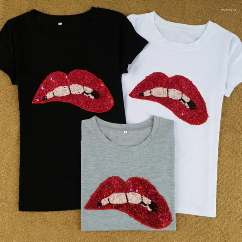 Women's T Shirts Women Sequins Lips Round Neck Short-sleeved T-shirt Camisetas Mujer