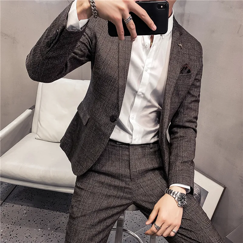 Abiti da uomo Blazer Giacca Pantaloni Coreano Luxury Plaid Wedding Tuxedo Uomo Formale Abito sociale Maschile Classico Singolo Bottone Slim Casual Abiti da lavoro 230303