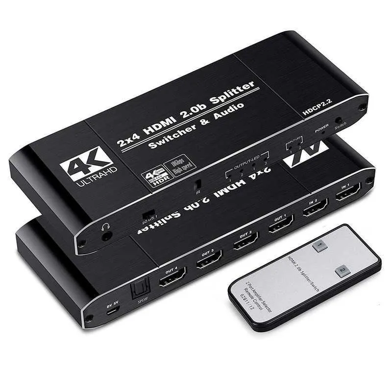 4K60Hz 2x4 HDMI-compatibele 2.0b Switch Splitter Switcher SPDIF Audio 3,5 mm Scaler 2 in 4 uit met externe ondersteuning 4K 3D HDCP2.2