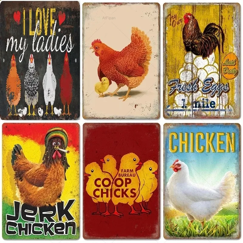 Chicken Vintage Painting Chicken Picture Plates Rooster Hens Metal Tin Signs Retro Plaque for Bar Pub Farm Home Wall Decor personalized Tin Signs Size 30X20 w01