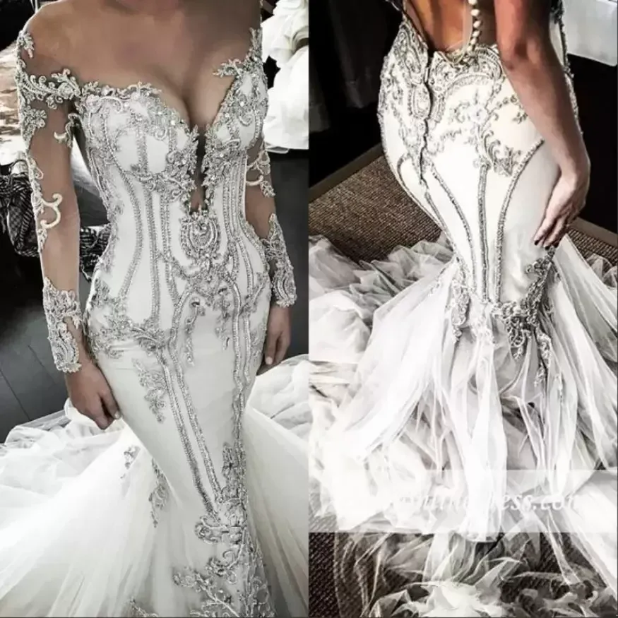 Długie rękawy Suknie ślubne syreny błyszczące krystalicznie koralikowe luksusowe sukienki ślubne w rozmiarze Plus Szybka Sheer Jewel Neck Vestido de Novia Custom Made BC0446