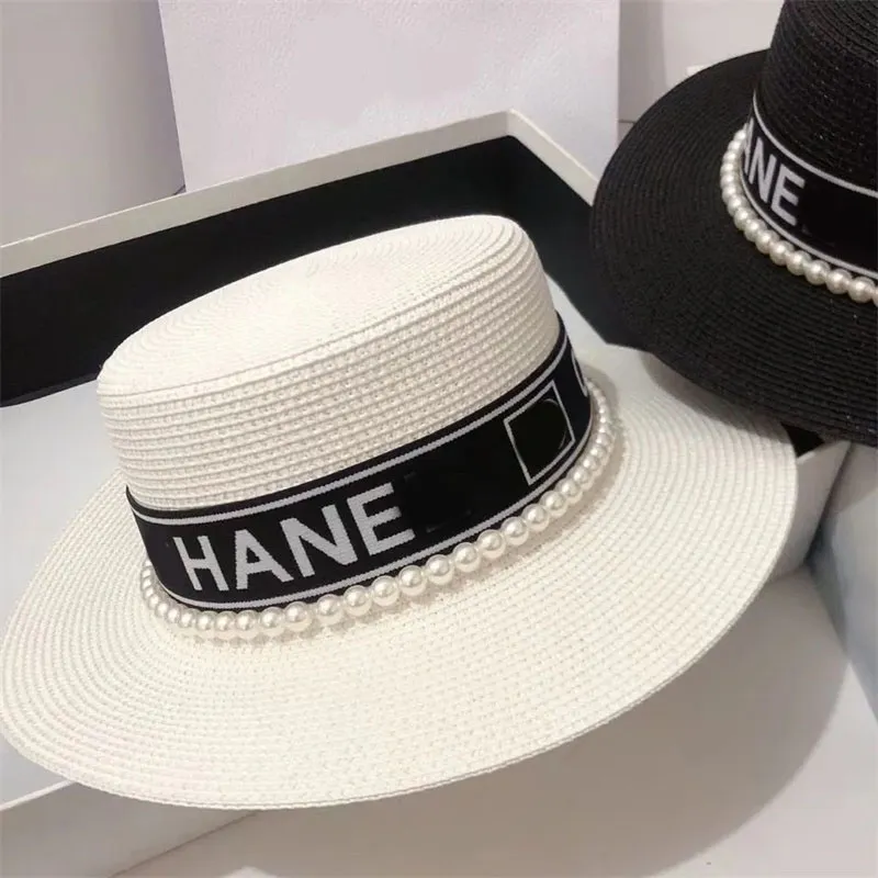 2022 Designer chapeau de paille marque lettre casquette femme printemps et été lettres de perles polyvalentes chapeau haut plat japonais grand bord soleil pro226y