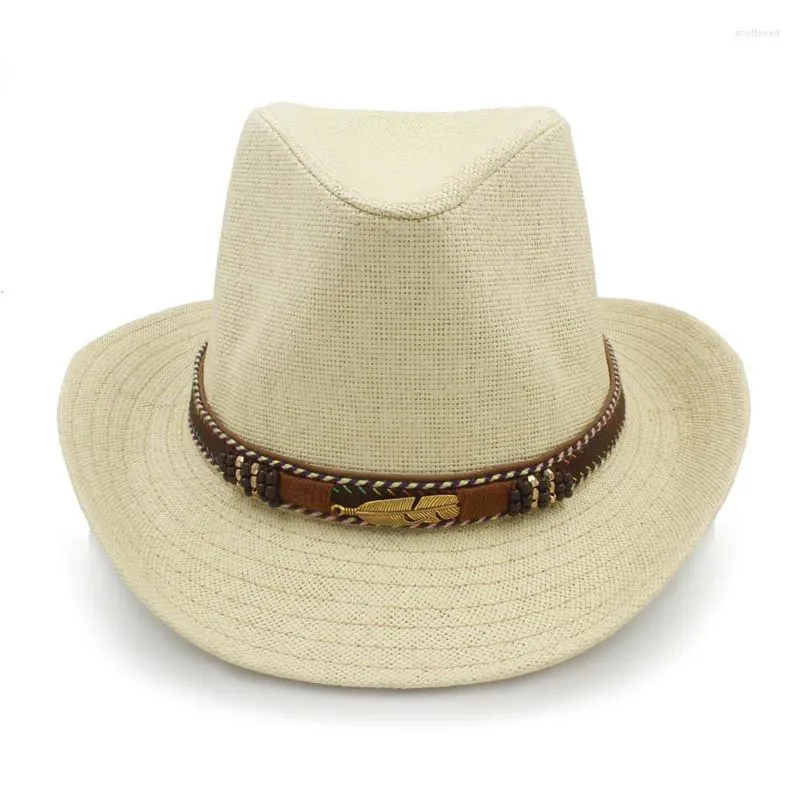 Boinas de paja de verano para mujeres y hombres, Sombrero de vaquero occidental hueco con cinturón de moda para playa, Sombrero para el sol, gorras Billycock, tamaño 58CM