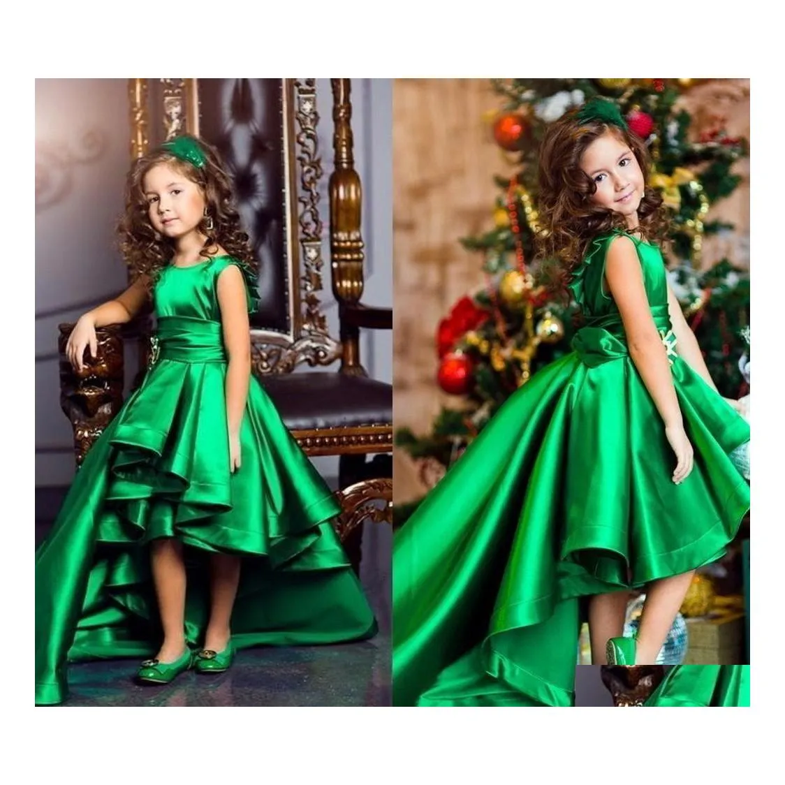 voiture DVR Fille Pageant Robes Vintage Vert Émeraude Haut Bas Filles Volants Une Ligne Enfants Fête D'anniversaire Porter Charme Enfant Robes De Communion D Dhwaf