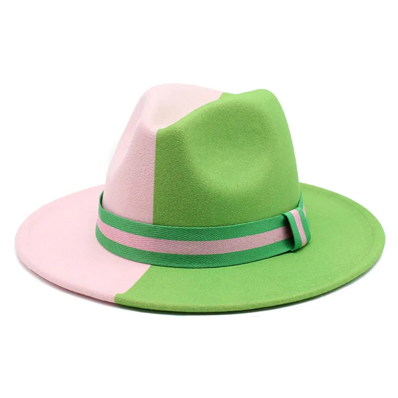 New Lime Green and Pink Patchwork Fedora Hats for Women Party Wedding Top Hat Wide Brim Men Felt Hat Jazz Cowboy Panama Cap