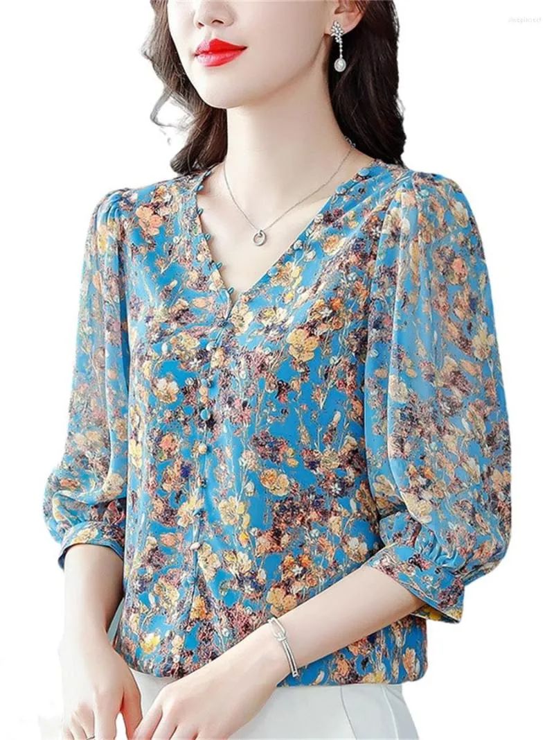 Women's Blouses Women Spring Summer Shirts Lady Fashion Casual Short Sleeve V-Neck Collar Flower Printing Blusas Tops G2120