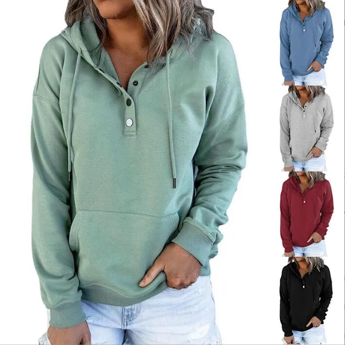 Hoodies Autumn Winter Cardigan Button Kangaroo Pocket Outwear Solid Casual Tops Jumper Blouse women's clothing BC406