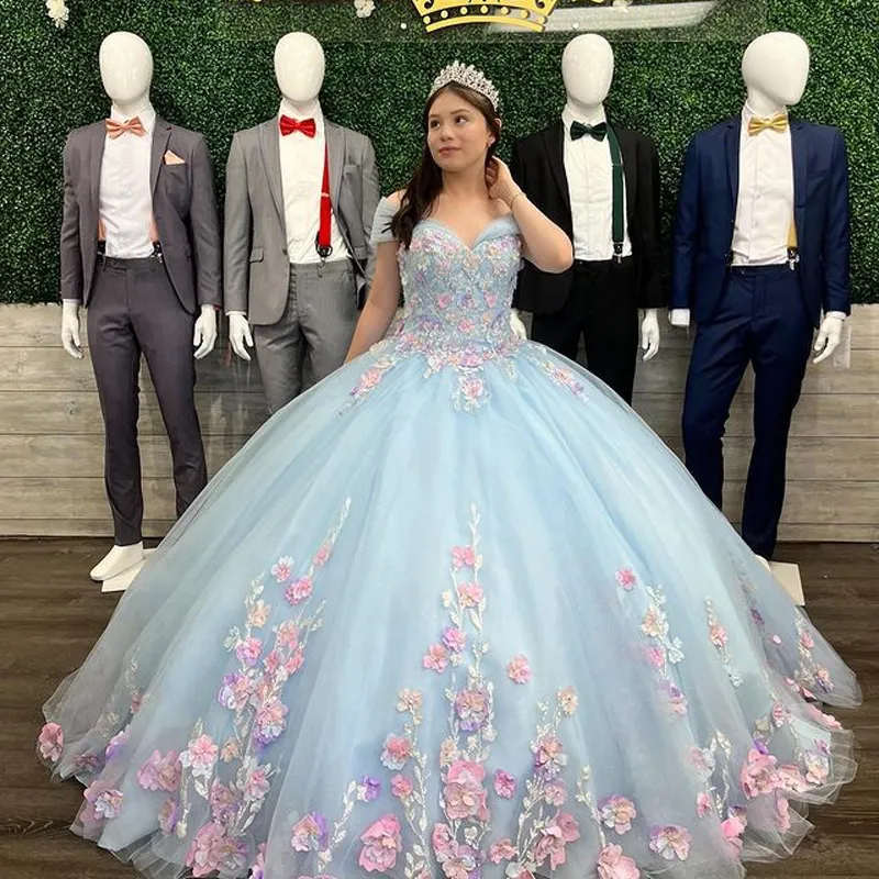 Sky Blue Quinceanera jurken roze 3d bloemen bloemen appliques kanten ball jurk van de schouder korhals corset vestidos de xv anos