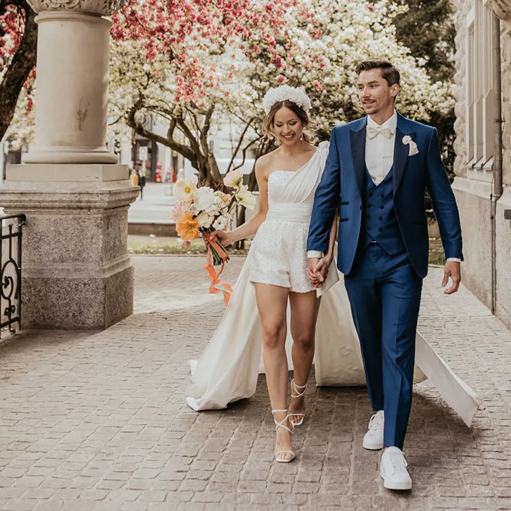 Detachable Train Sequin Mini Skirt Overskirt Bridal Gown Country A Line Style One Shoulder Two Piece Wedding Dress Style 326 326 From Homemall666 133.53 DHgate.Com
