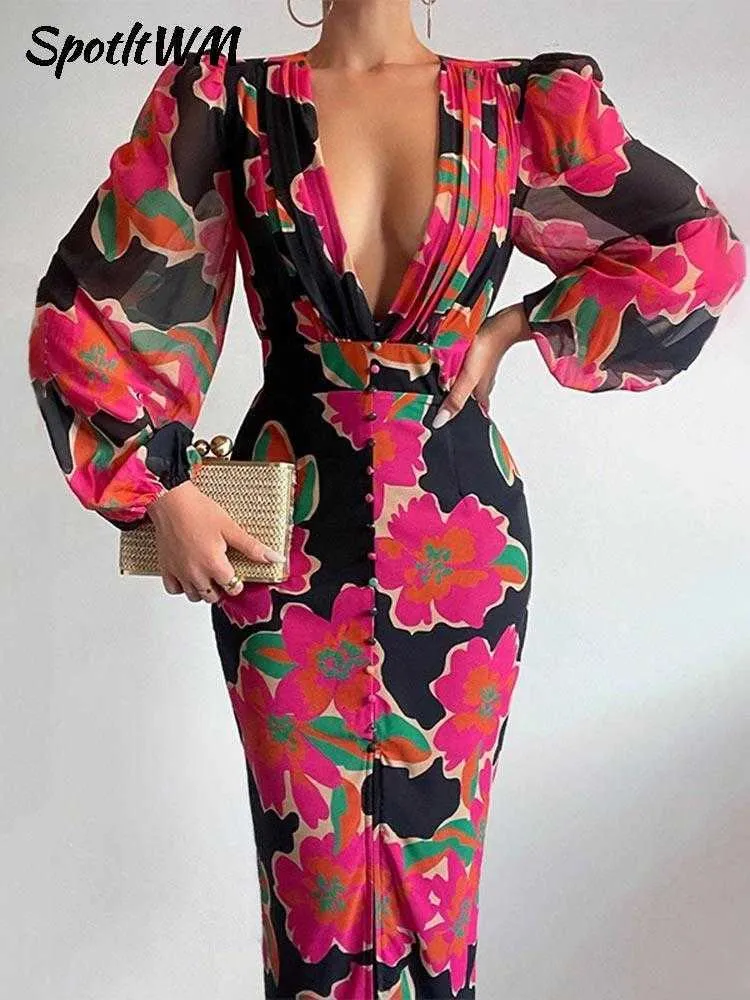 Casual Dresses Floral Print V Neck Sexy BodyCon Long Dress Women Long Sleeve SingleBreasted Dresses 2022 Spring Female Party Beach Vestidos Z0216