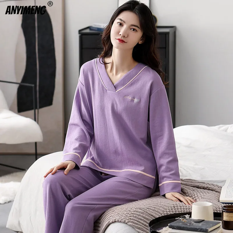 Vêtements de nuit pour femmes printemps automne hiver pyjamas mode femmes pyjamas violet vêtements de nuit élégant col en V Homesuit doux coton vêtements de nuit pour les filles 230303