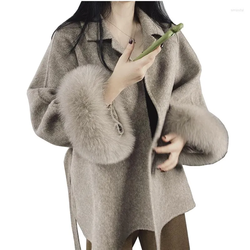 Wysoka wysokiej jakości kaszmirowa płaszcz kaszmiru dla kobiet jesienne zimowe luźne luźne futro mankiet ręcznie robiony kurtka na swobodną warstwę kw267