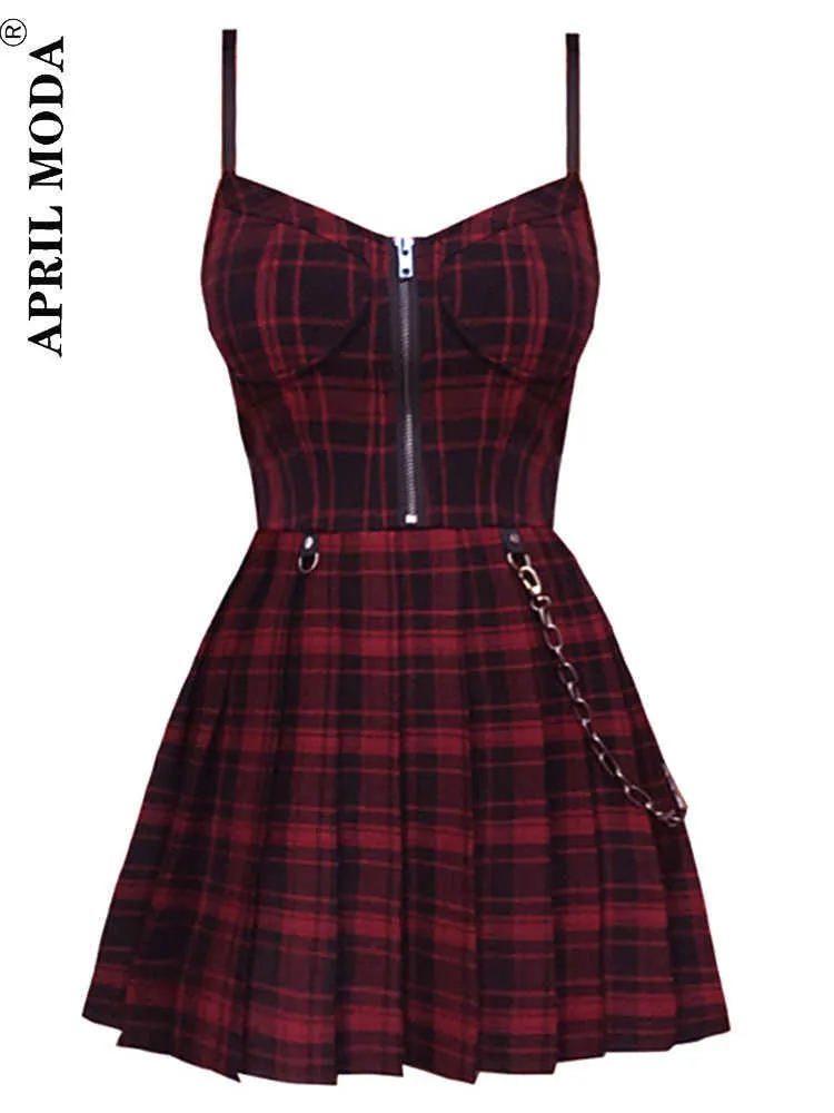 Casual Dresses Gothic Girls Red Plaid Pleated Emo Alt Dress Y2K Zip Up Robe Femme Punk Black Spaghetti Strap Mini Short Jurkken Goth Streetwear Z0216