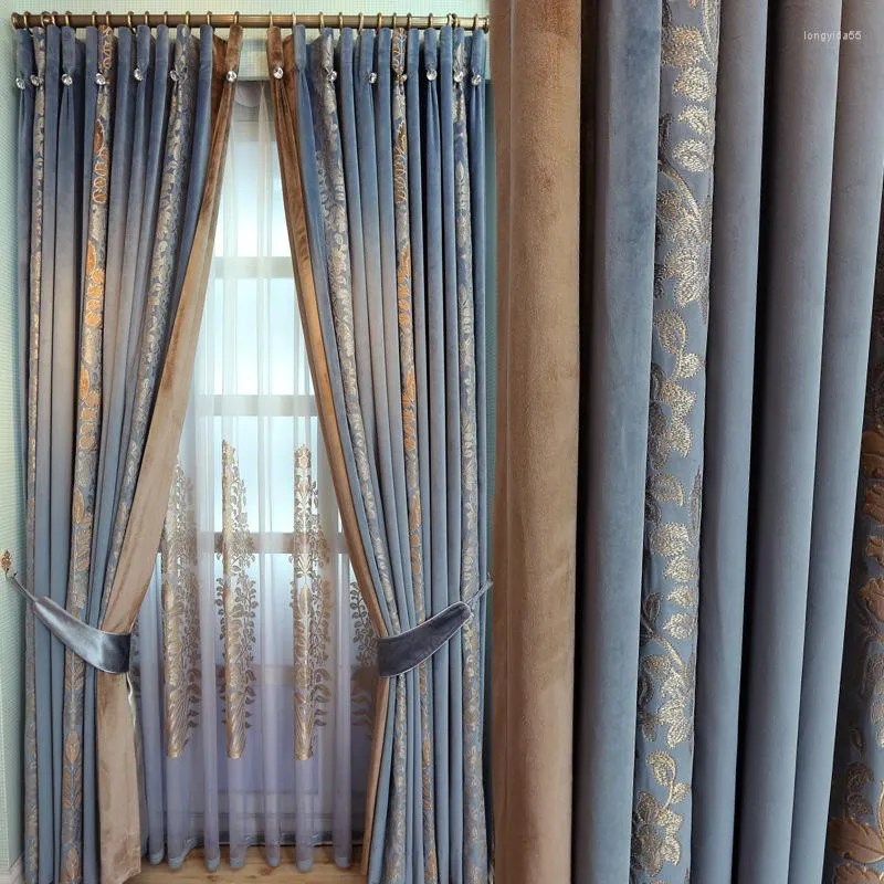 Curtain Luxury Curtains Blue Velvet Embroidered Finished Bedroom Living Room Blackout