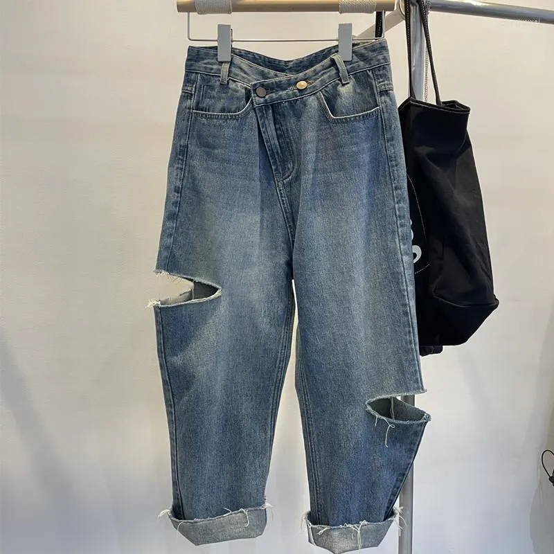 Jeans da donna primavera e autunno dritto blu fidanzato donna vintage pantaloni a vita alta con foro alla caviglia denim streetwear coreano