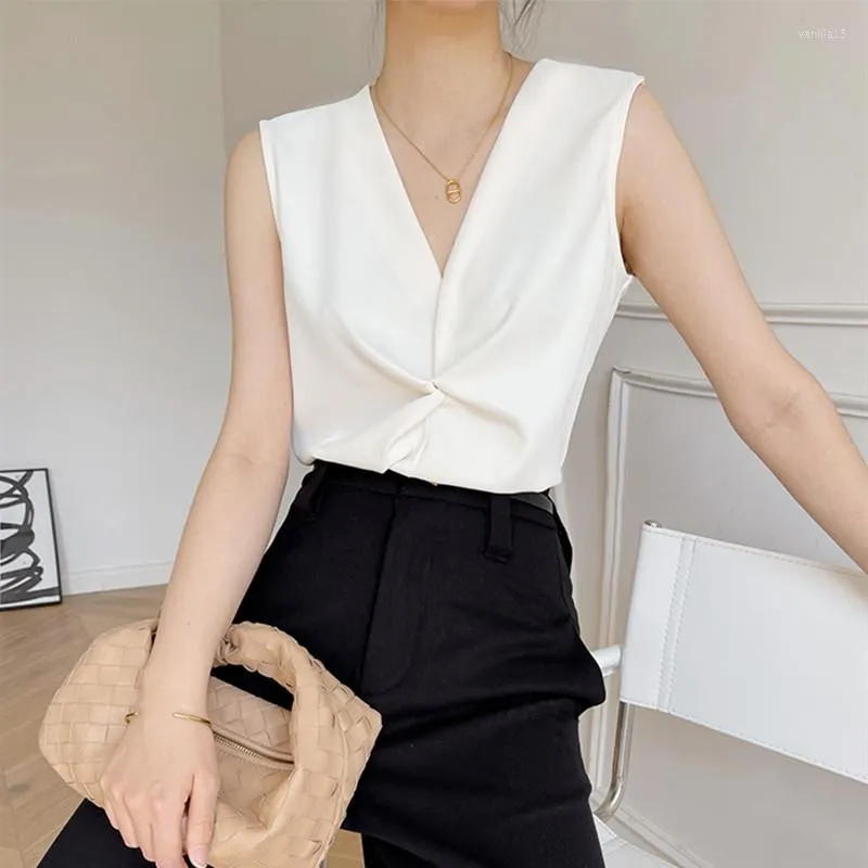 Kvinnor Bluses Office Lady Artificial Silk Shirt French Fashion Sexig V-ringning Acetat Satin Vest Tops Elegant White Chiffon Blue i kostym