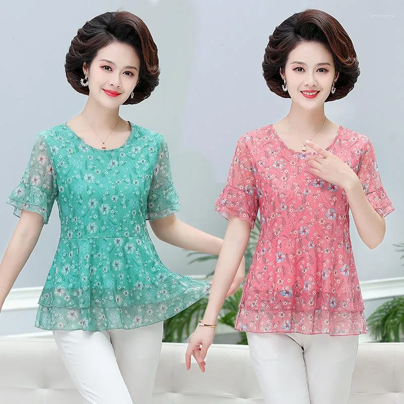 Women's Blouses Summer Vintage Sweet Women Chiffon Blouse Shirt O-Neck Short Sleeve Female Tunic Casual Floral Kimonos Clothing 5X