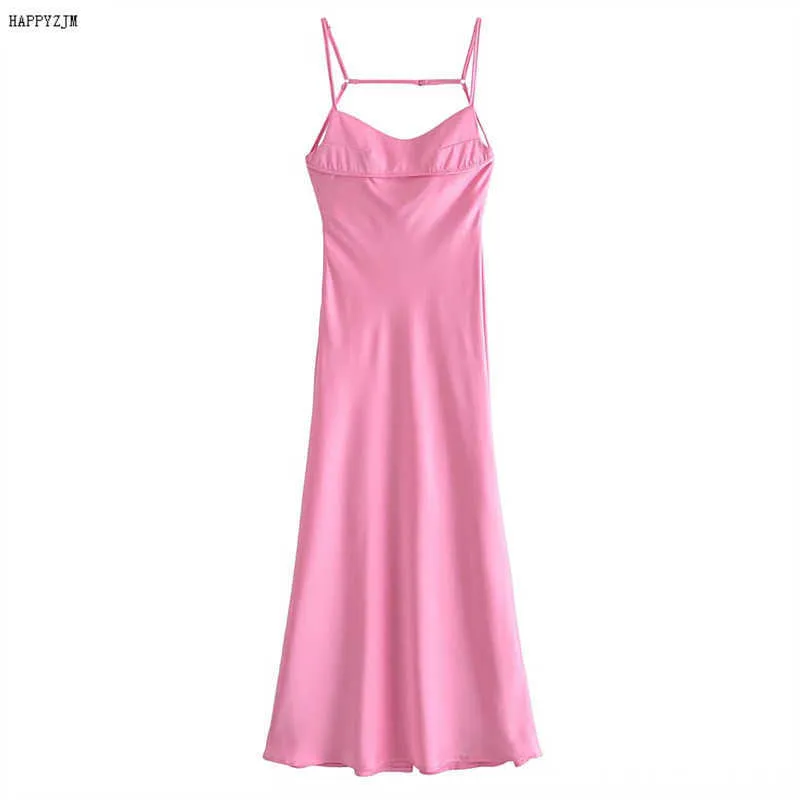 Abiti casual 2023 Nuove donne Hollow Design Silk Satin Texture Midi Bretella Dress Summer Sexy Revealing Back Slit Slim Pink Dress Z0216