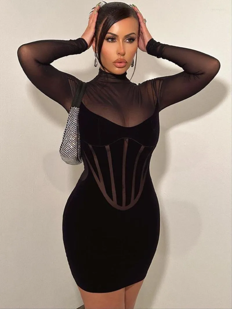 Casual Dresses Mesh See Through Sexy Corset Mini Dress For Women Fashion Outfits Club Party Long Sleeve Women's Bodycon