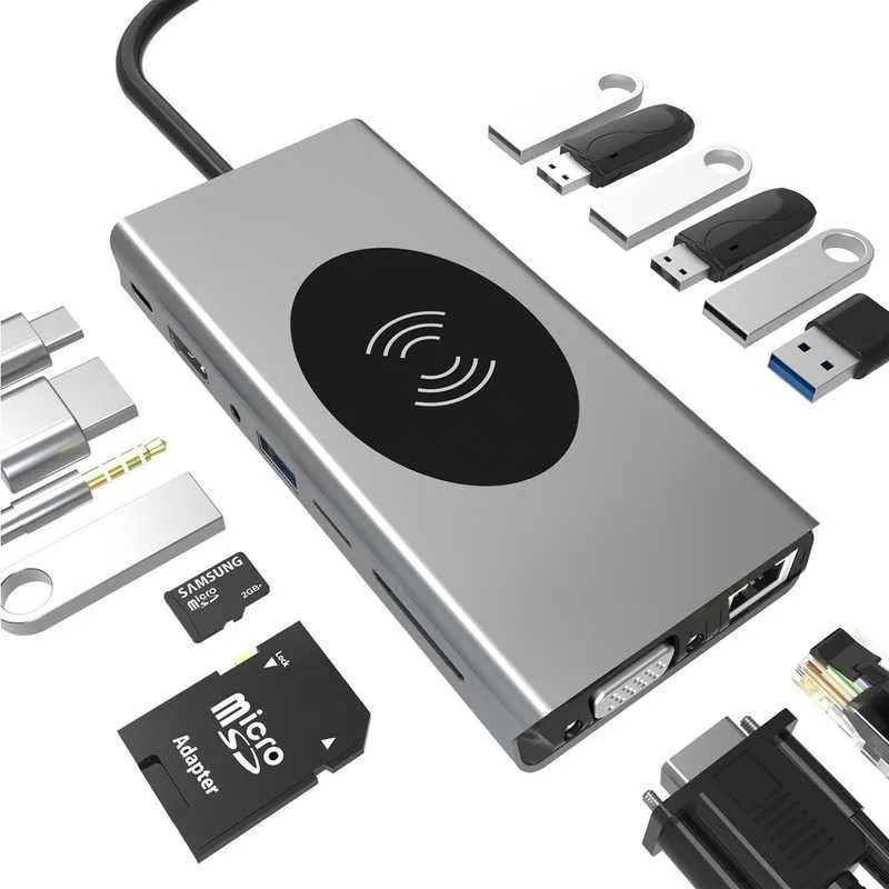 Station d'accueil de type C 15 en 1, port réseau usb-c vers HDMI, hub VGA, chargement sans fil pour téléphone portable