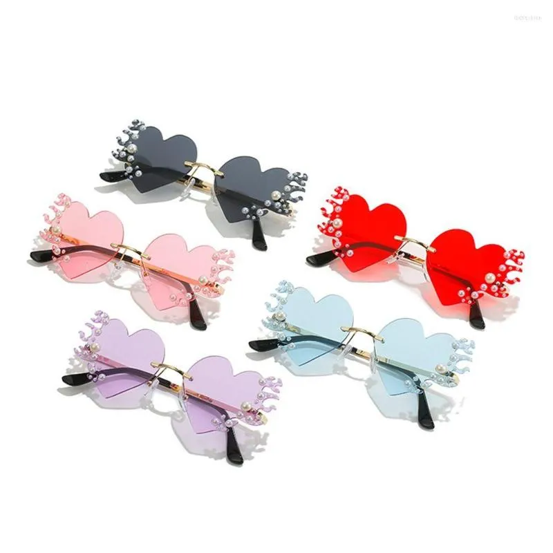 Sunglasses Accessories Rimless Costume UV400 Protection Prom Flame Heart-shaped Glasses Pearls Decor Heart
