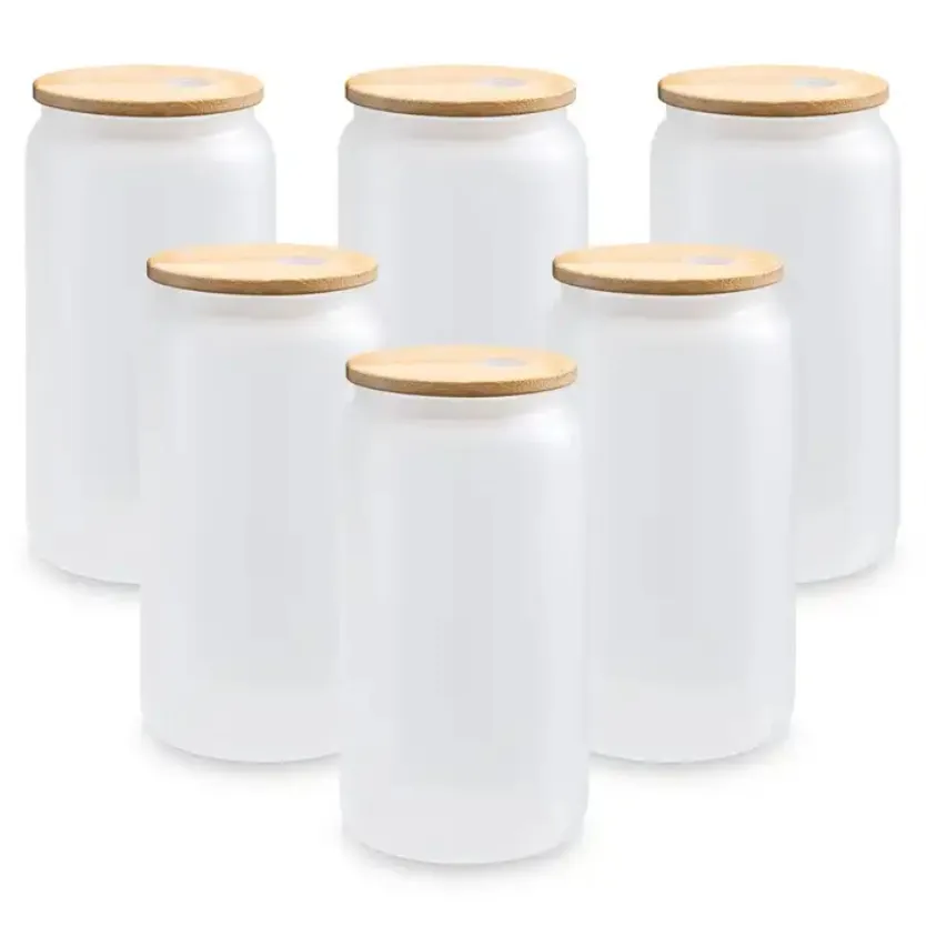 16 oz Copas de vino Sublimación Tazas de cerveza heladas transparentes con tapa de bambú Espacios en blanco de bricolaje Mason Jar Can Tumblers Cóctel Café helado Soda Whisky Cups ss0303