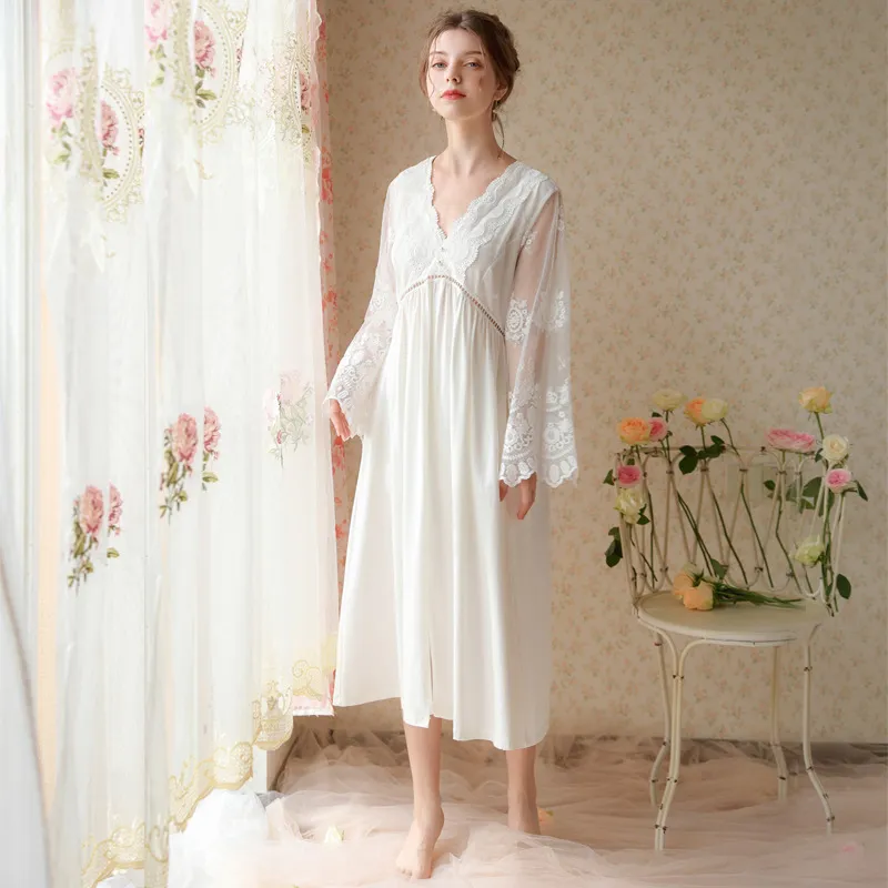 Kvinnors bomulls nattklänning sömnkläder Långärmar skjorta avslappnad sömnvit Vita V -hals Sexig elegent nattklänningar plus storlek