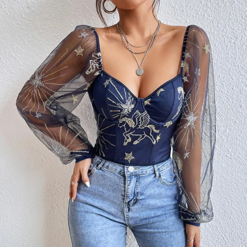 Women's Blouses Churses Sexy Mesh Perspective Long Sleeveved Short Tops Borduurde pullover Fashion Spicy Girl Blouse Women Slim 2023
