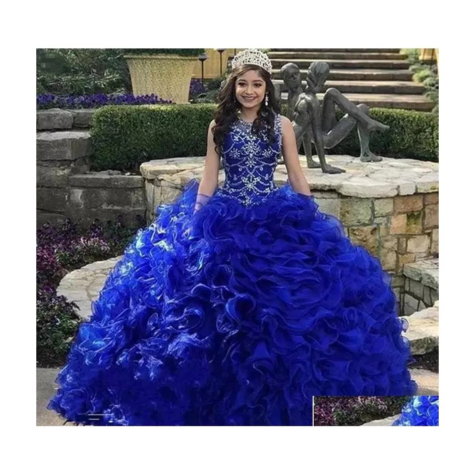 car dvr Quinceanera Dresses Tiered Cascading Ruffles Royal Blue Jewel Neck Crystal Beaded Organza Sweet 16 Ball Gown Princess Drop Delivery Dhcho