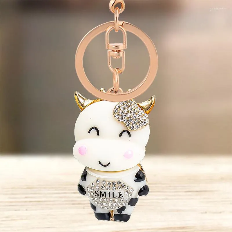 Keychains Cute Rhinestone Crystal Laughing Black White Cattle Keychain Animal Cow Key Chain Ring Holder Bag Pendant Keyring