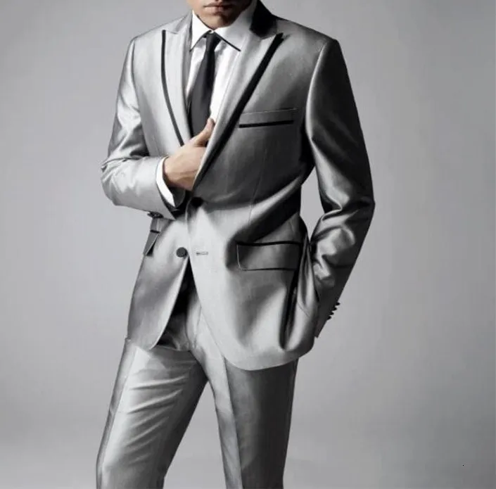 Herenpakken Blazers Est Groomsmen Shiny Silver Gray Bruidy Tuxedos Rapel Men Suits Wedding/Prom Man Blazer JacketPantstie 230303