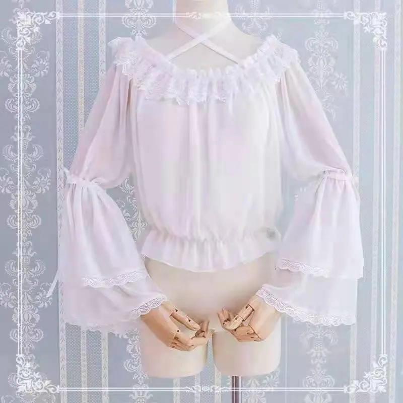 Blusas femininas lolita chiffon blusa de blusa de top halteves de mangas compridas pescoço de camisa de camiseta plissada com babados de camisa de ombro com babados com bagunça