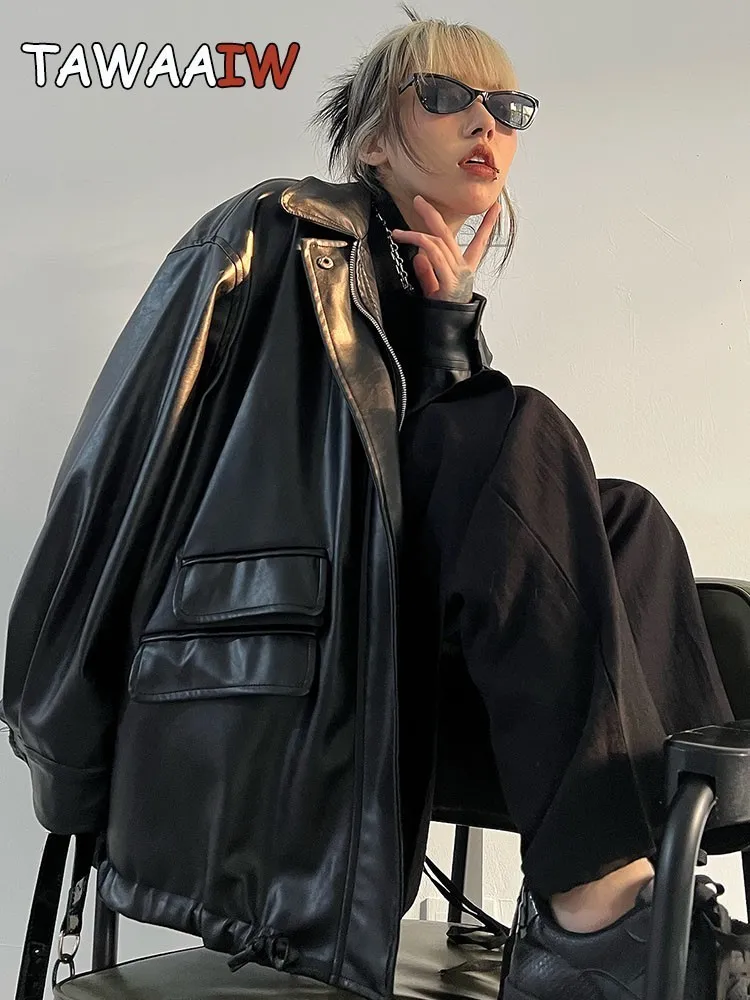 Женские куртки Tawaaiw Streetwear Черные пальто из искусственной кожи и женские карманы с длинным рукавом Y2K Готическая осенне-весенняя женская верхняя одежда 230302