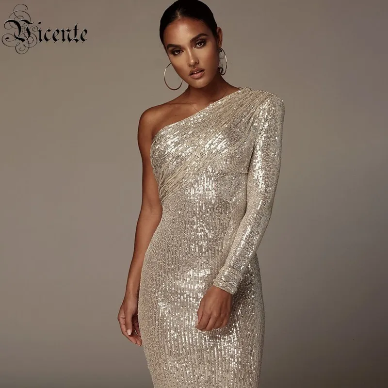 Casual Dresses VC Sexy One Shoulder Women Sparkle Glitzy Sequin Mesh Patchwork Celebrity Christmas Party Vestidos 230302