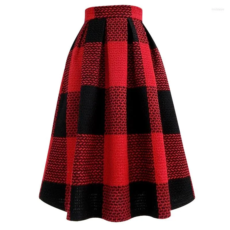 Kjolar Autumn Winter Vintage Woolen Women Plaid tjock bollklänning kjol med hög midja parti varmt paraply