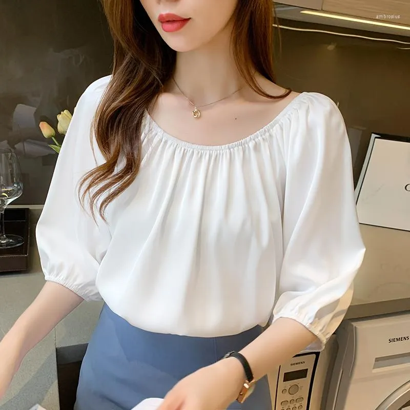 Women's Blouses Blusas Femininas Ladies Shirts Summer Satin Short-sleeved Round Collar Women Top Simple Versatile Shirt 507C