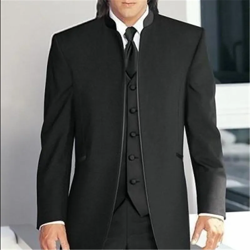 Herenpakken Blazers Black Stand Collar Men Wedding Suits 3 stuksjacketpantsVesttie Custom Made Groom Tuxedos Man Wedding Grooms 230303