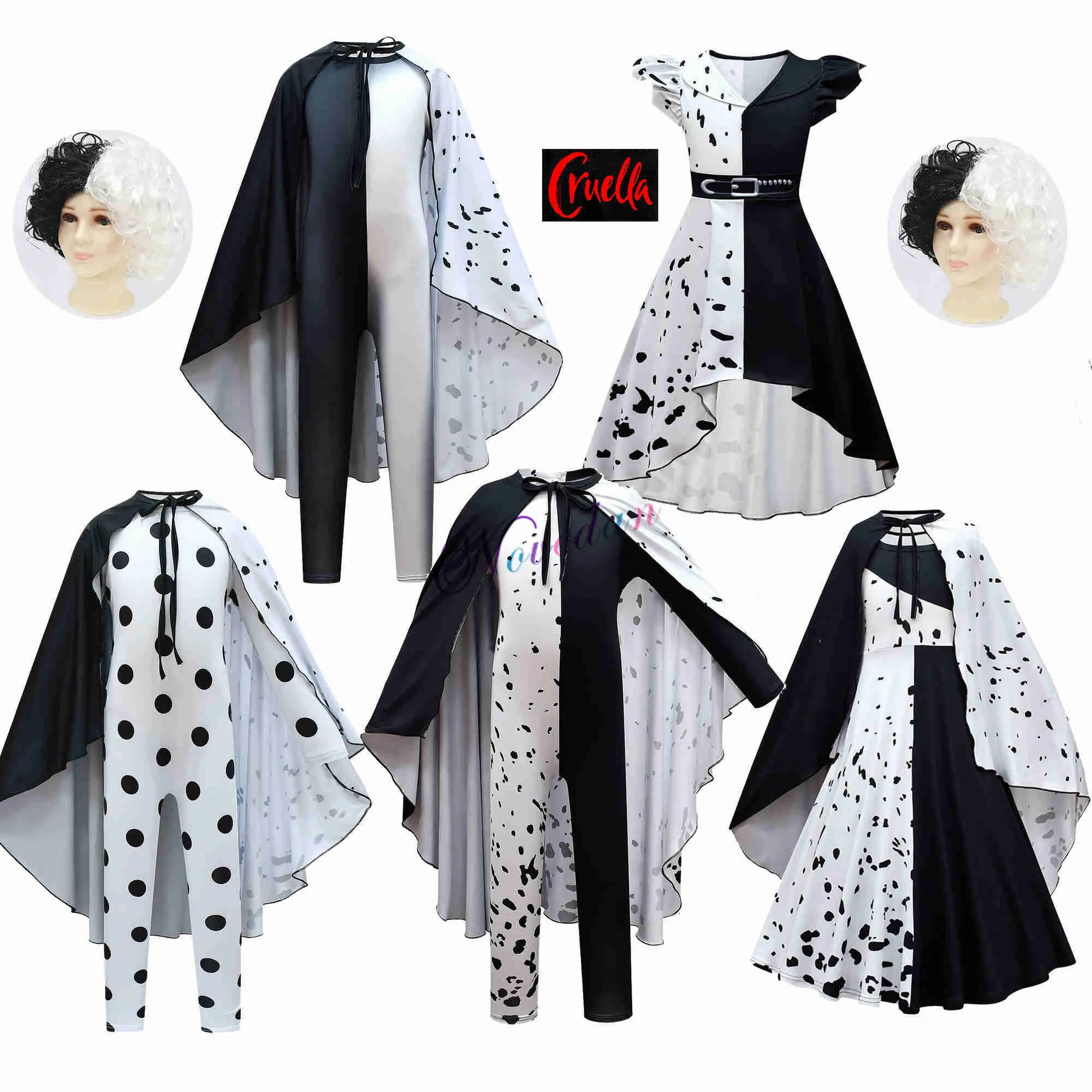 Anime Kostüme Junge Mädchen Cruella De Vil Come Kids Film Cruella Cosplay Fancy Schwarz Weiß Prinzessin Kleid Overall Anzug Perücke Halloween Party Z0301