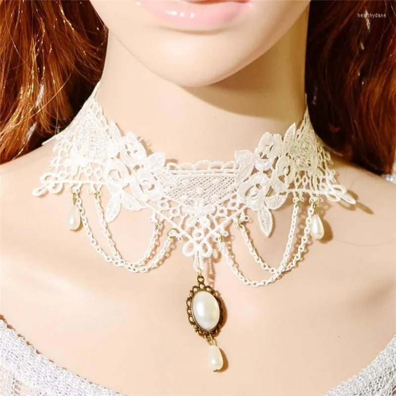 CARKER JOUVAL Vintage Lace White Gothic Colar Women With Simulation Pearl Chocker Party Christmas Jewelry N1914