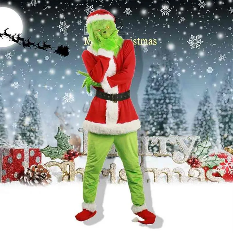 Santa Claus Costume Suit Christmas Costume Geek Thief Green Fur Monster Grinch Mask Headgear Party294o