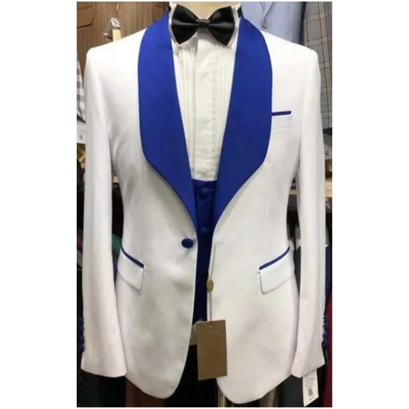 Abiti da uomo Blazer Bianco One Button Uomo Scialle blu Risvolto Sposo Smoking da sposa Prom Terno Masculino Blazer slim fit 3 pezzi Giacca Pantalone V