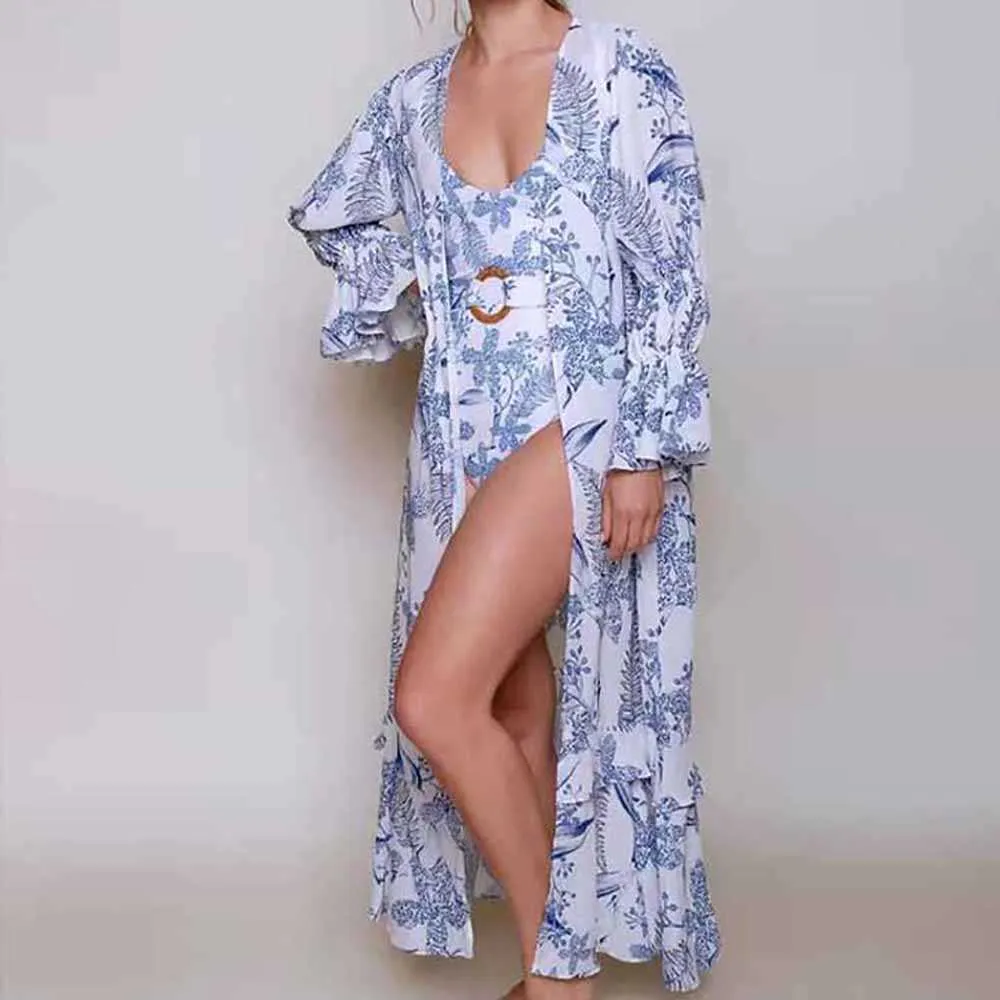 Women's Swimwear Tankini Women Swimming Bikini Ring Belt Printed One Piece Swimsuit and Flared Sleeve Chiffon Cover Up String Bathing Suit Luxury T230303