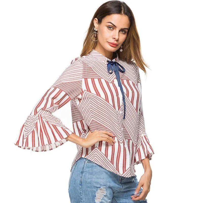 Chemisiers pour femmes Chemises Femmes Chemises Tops Printemps Automne Mode Cardigan rayé mince Chemisier à boutonnage simple Casual Flare Sleeve Bow Collar