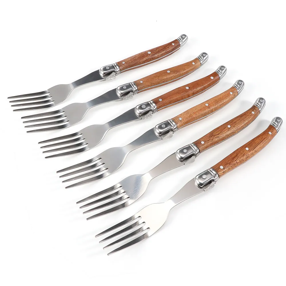 Forks Jaswehome Laguiole Wood Handle 6pcs Dinner Fork Collection Stainless Steel Dessert Table Serving Flatware Set 230302