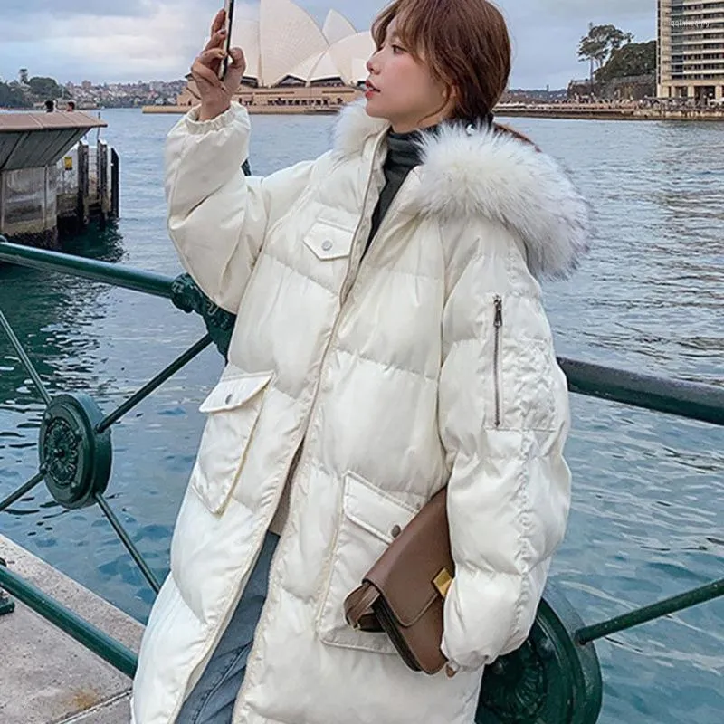 Kvinnors dike rockar ner Winter Parka Kvinna Huva Bomull Korean Fashion Warm Loose Mid-Längd vadderad jacka 2023